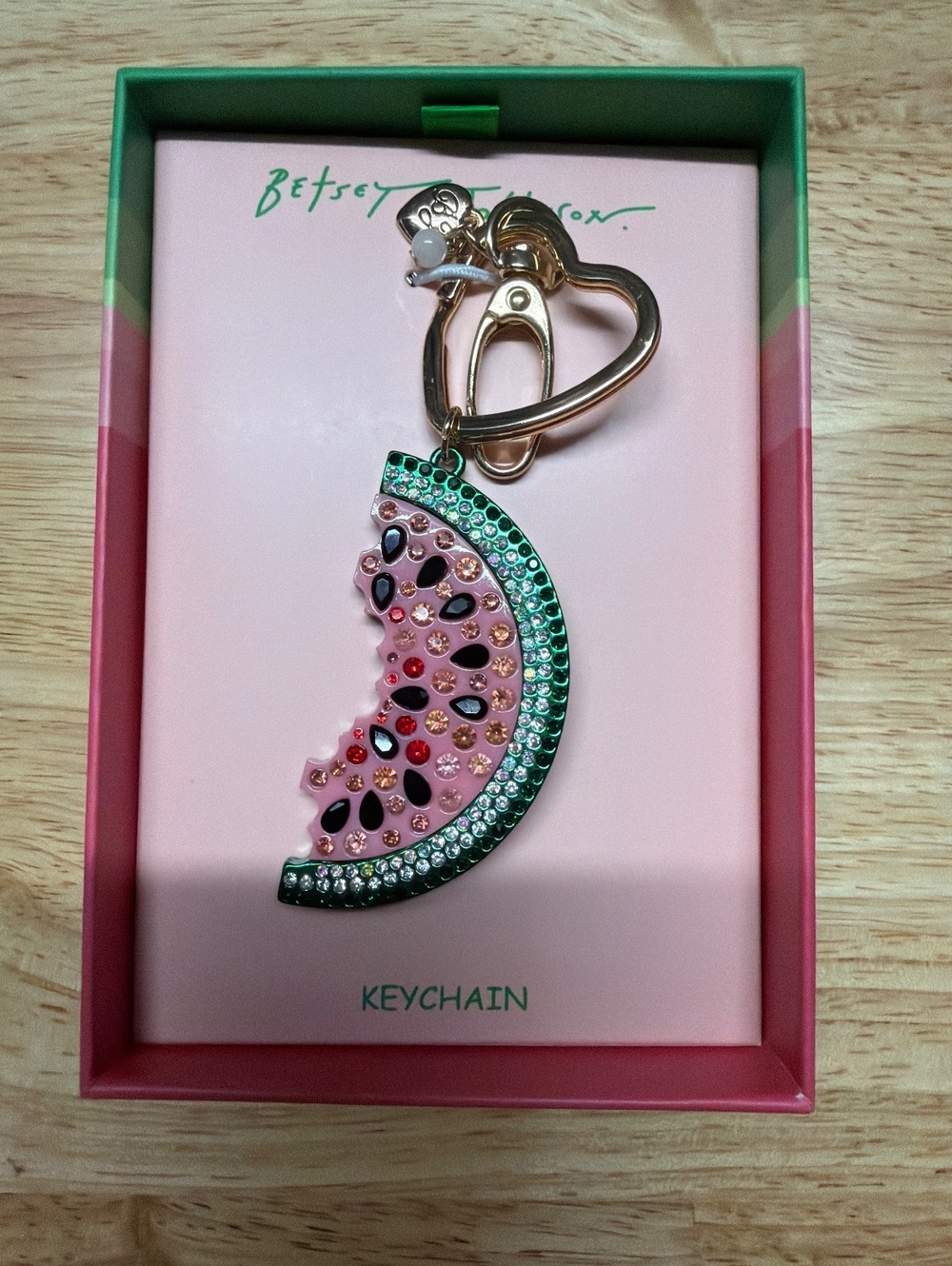 Betsey Johnson Watermelon Slice Crystal Keychain with Heart Clip nib